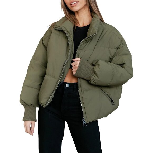 Jackets & Blazers - Women's Puffer Jacket Oversized Cropped Puffy Quilted Jackets Coat Olive
